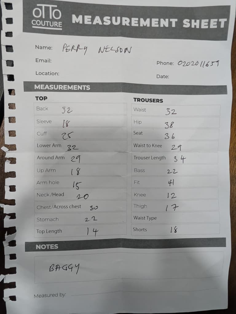 Otto Couture measurement sheet